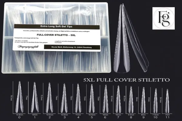5 XL Soft Gel-Fullcover-Tips - Stiletto